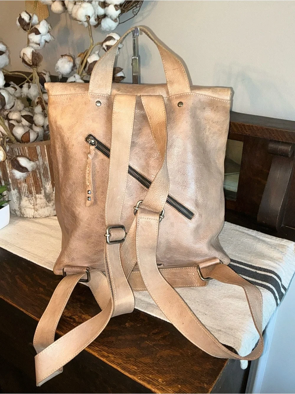 Bed Stu Leather Howie Flapover Leather Backpack Lt Gray Glove Brown $365